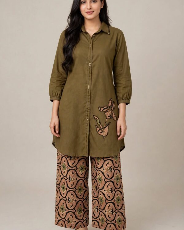 Mehendi Brown Cotton Kurta With Patchwork and Printed Pant Set