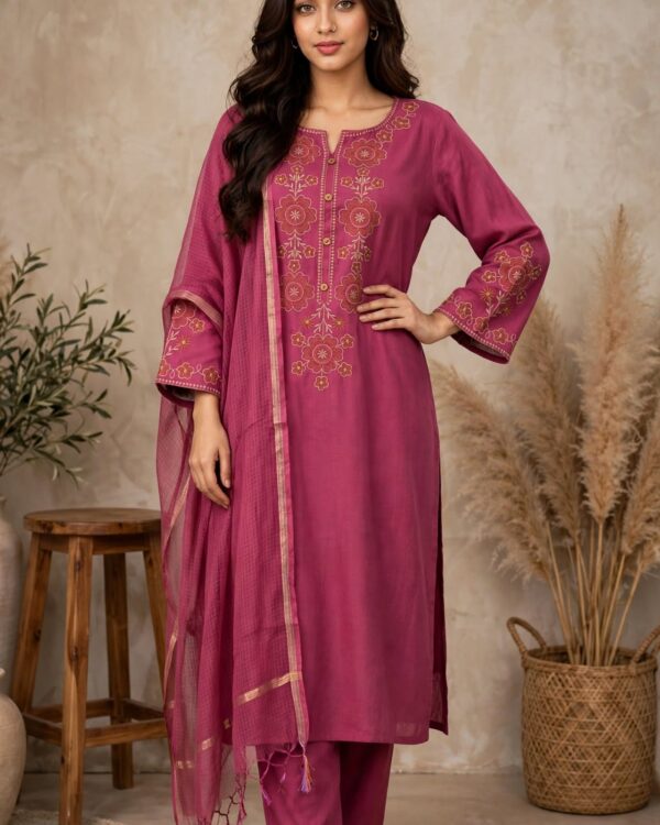 Pink Embroidered Cotton Flex Kurta and Pant with Dupatta